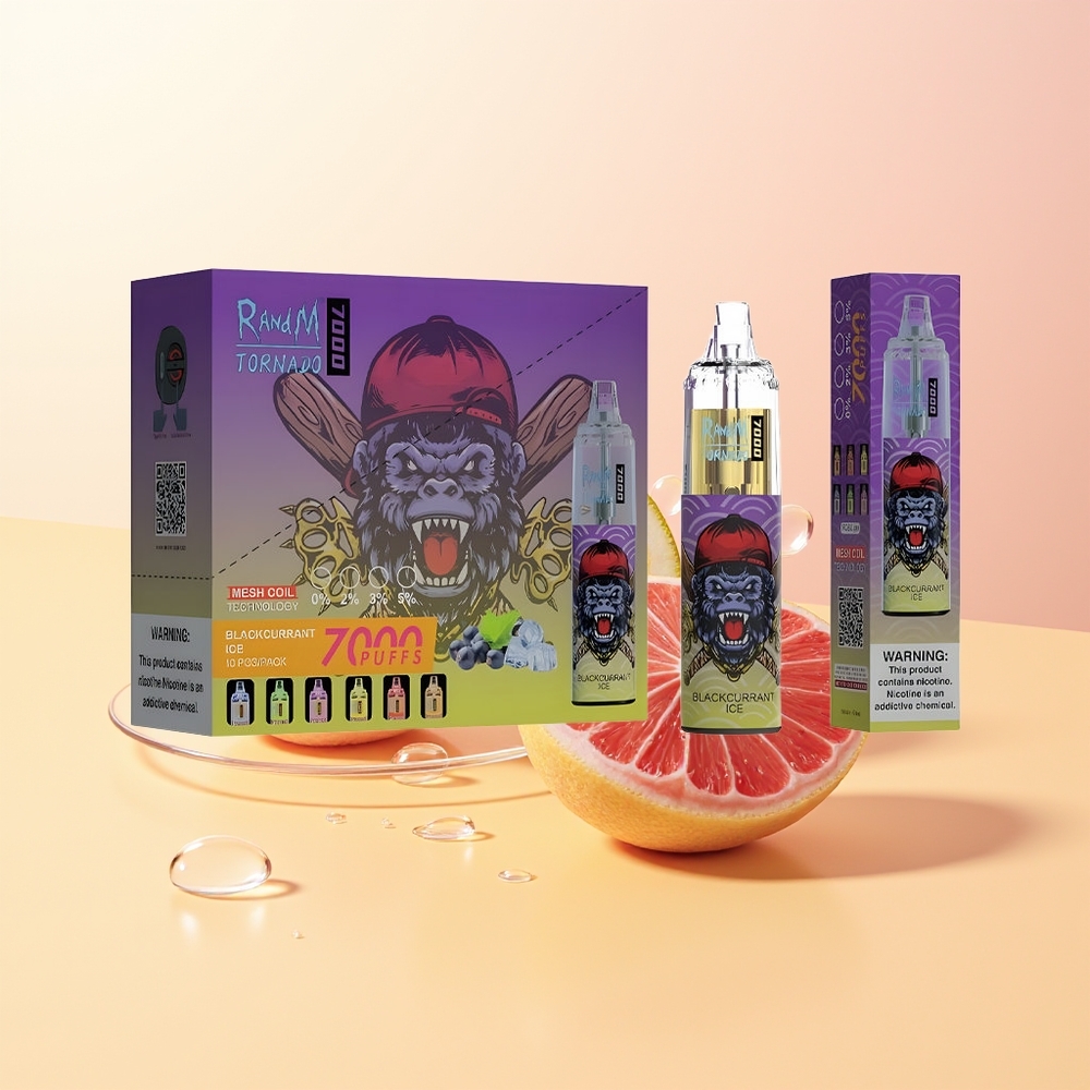 RandM Fumot Tornado 7000 Puffs Suomi Tukku Mustaherukka Jää 14ML 850MAH Mesh Coil Type-C RGB Light 0-5 Nikotiini Air-Adjustable