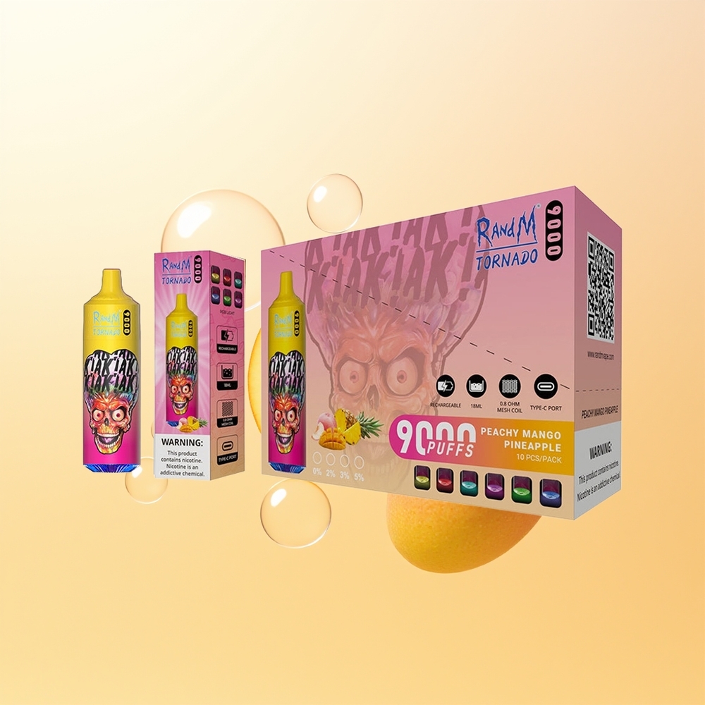 RandM Fumot Tornado 9000 Puffs Finland Tukku Persikka Mango Ananas Akku 850 mAh Latauskelpoinen 18 mL Mesh-käämi RGB-näyttö 54 Makuvaihtoehtoa