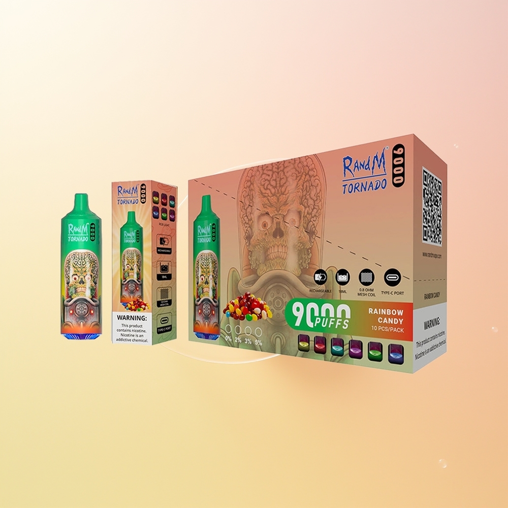 RandM Fumot Tornado 9000 Puffs Finland Tukku Sateenkaari Makeinen Mesh Coil RGB Näyttö 18 mL 850 mAh Ladattava