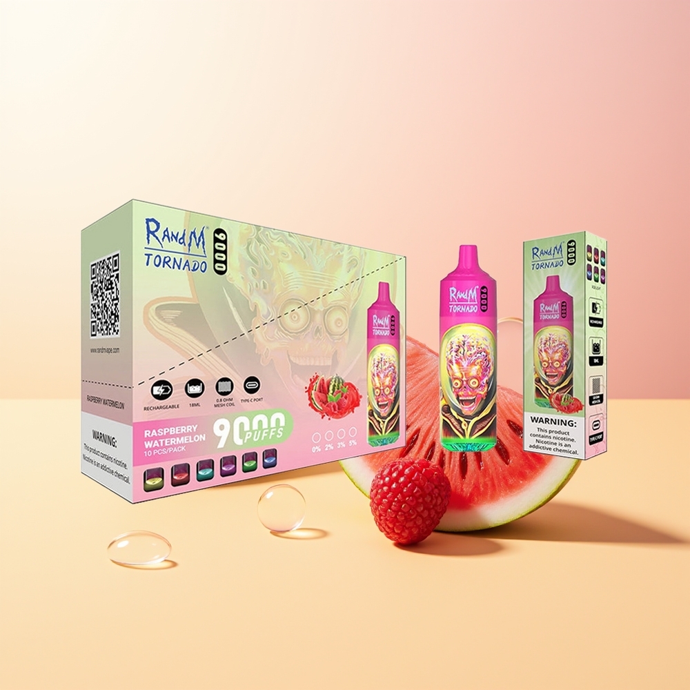 RandM Fumot Tornado 9000 Puffs Finland Tukku Vadelma-Arbuusi Mesh Coil RGB Näyttö 18 mL 850 mAh Ladattava