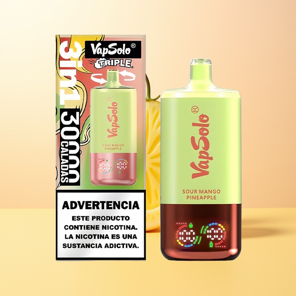 VapSolo Triple 30000 Puffs Finland Tukku Hapan Mango-Ananas 40ml 3-säiliö Type-C