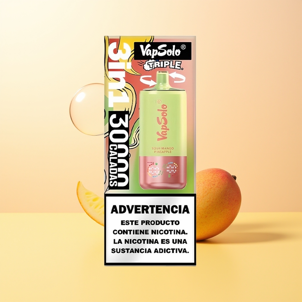 VapSolo Triple 30000 Puffs Finland Tukku Hapan Mango-Ananas 40ml 3-säiliö Type-C