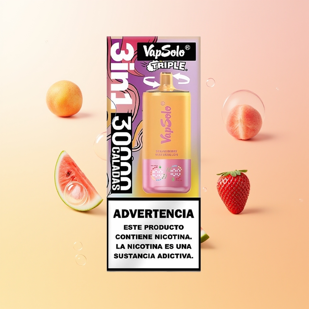 VapSolo Triple 30000 Puffs Finland Tukku Mansikka-Arbuusi  Sitruuna-Persikka 40ml Type-C