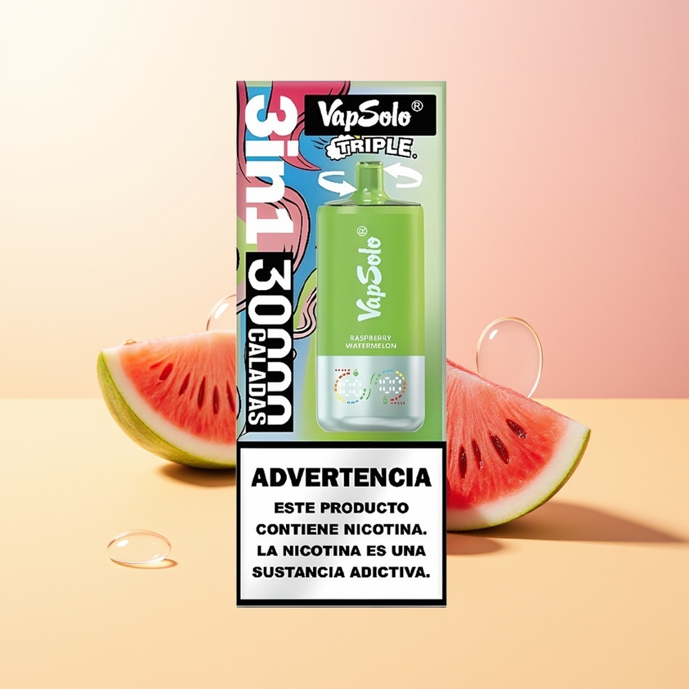 VapSolo Triple 30000 Puffs Finland Tukku Vadelma Vesimeloni 40ml 20mg/50mg Type-C 3-öljyä