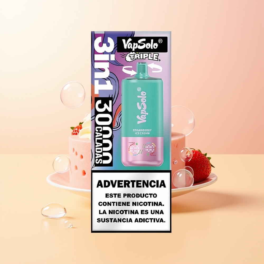 Vapsolo Triple 30000 Puffs Finland Tukku Mansikkajäätelö Type-C 40ml 20mg/ml 50mg/ml 3-tankki
